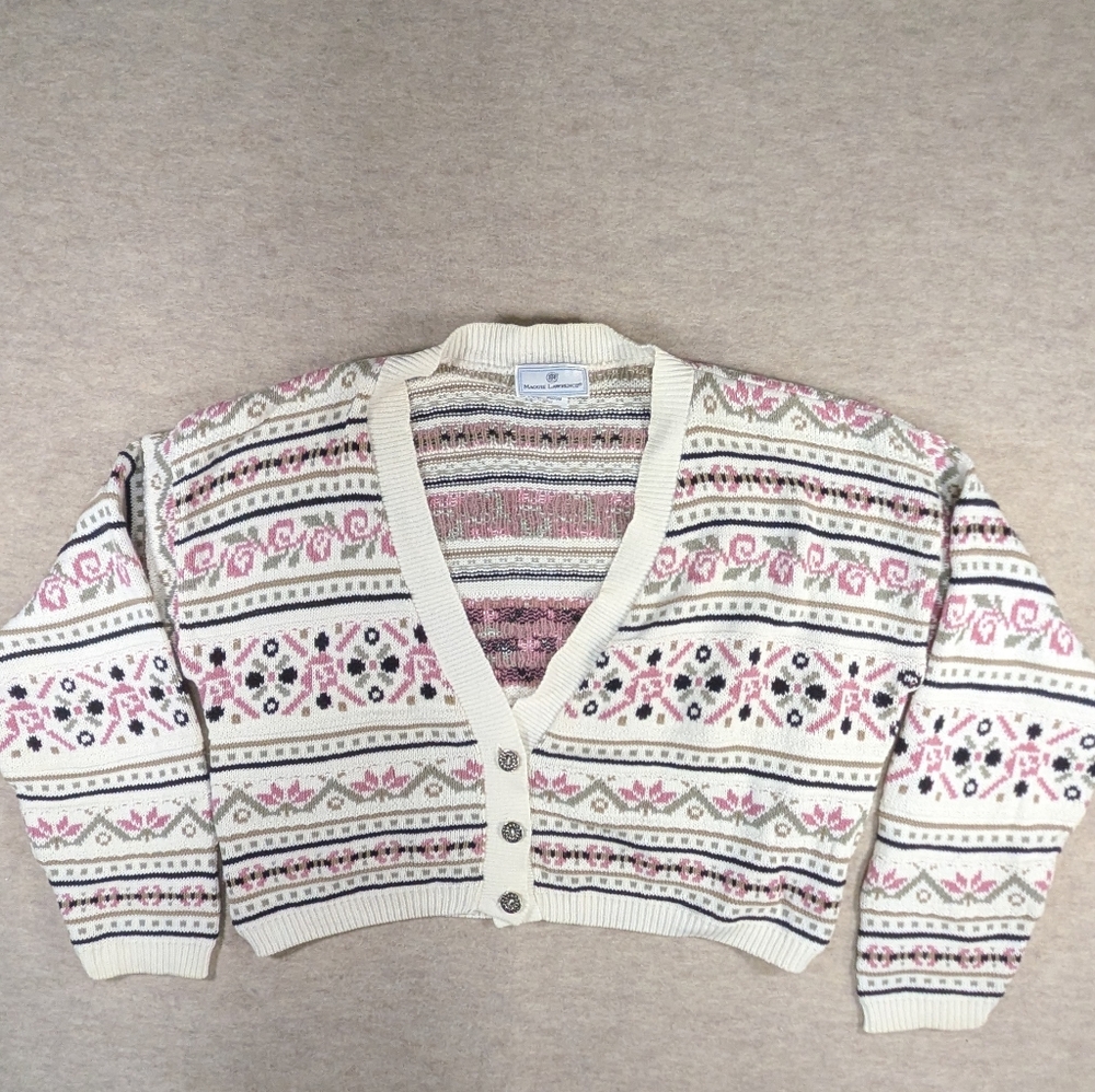 Oversized Maggie Lawrence Rose Knit Cream & Pink Button Cardigan Sweater Size M